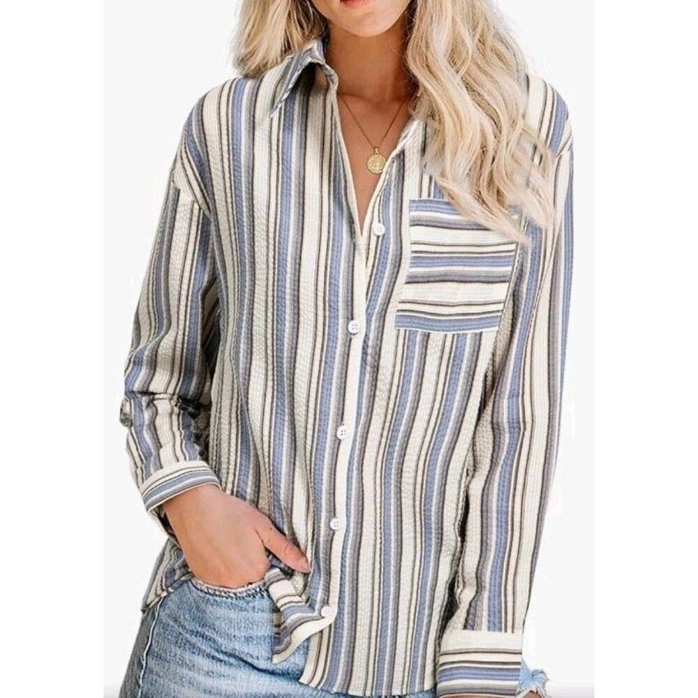 EVALESS Women's XL Button Down Shirt‎ Blouse Striped V-Neck LS Trendy Cute NEW